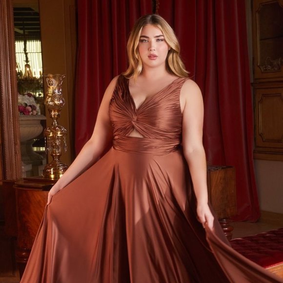 NEW LONG A-LINE SLEEVELESS SATIN DRESS WITH V-NECKLINE & KEYHOLE FRONT CD 7497C